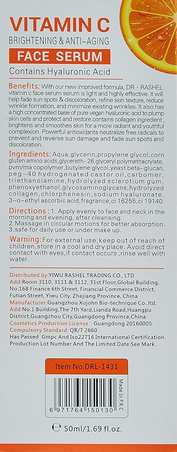 Dr rashel Vitamin C Face Serum - Hyaluronic Acid, Brightening, Anti Wrinkle and Anti Aging, Dark Circle, Fine Lines and Sun damage – Restore&Boost Face serum- 1.69 oz